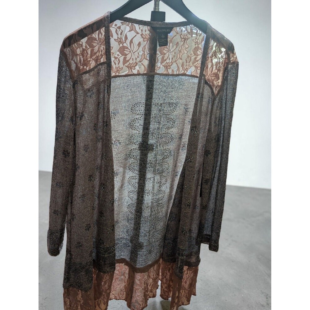 Multiples Lace Trim Cardigan Large Lightweight Open Front Duster Taupe - Picture 4 of 7